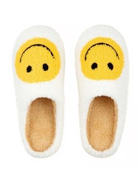 Cozy White Slippers with Yellow Smiley Face -NEW